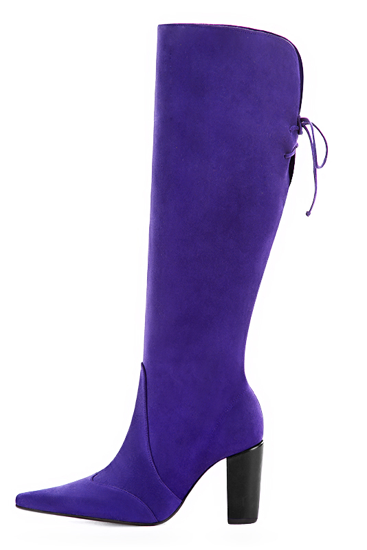 Violet purple women's knee-high boots, with laces at the back. Pointed toe. High block heels. Made to measure. Profile view - Florence KOOIJMAN